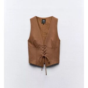 Zara Tan Lace-Up Vest Blouse